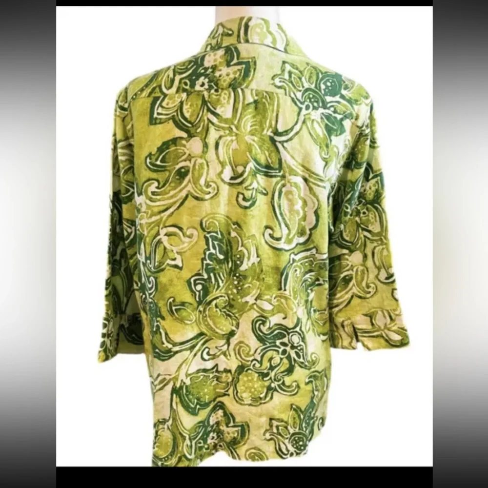 Chico's Tropical Floral 100% Linen Lime Green Button Down Shirt Sz 2 US … - Picture 2 of 8
